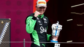 Nico Hulkenberg celebrates podium with friends and family and a Sydney FC link