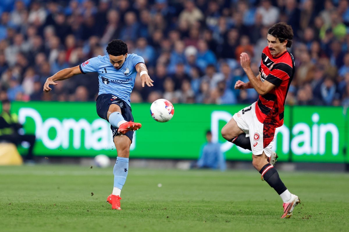 Rhys Youlley of Sydney FC shoots for goal at Allianz Stadium.